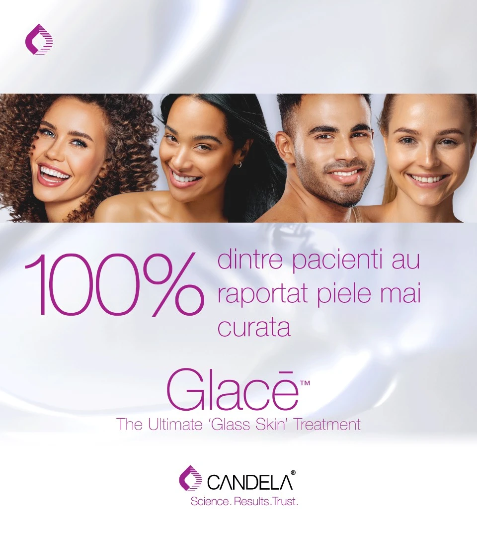 O ilustrație cu 4 fețe și mesajul „100% dintre pacienți au raportat piele mai curată”